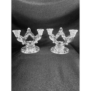 2 Cambridge Rose Point 2 Lite Candle Holder Keyhole Etched Glass Pair Candelabra
